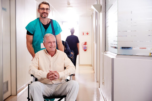 man in wheel chair at nursing home