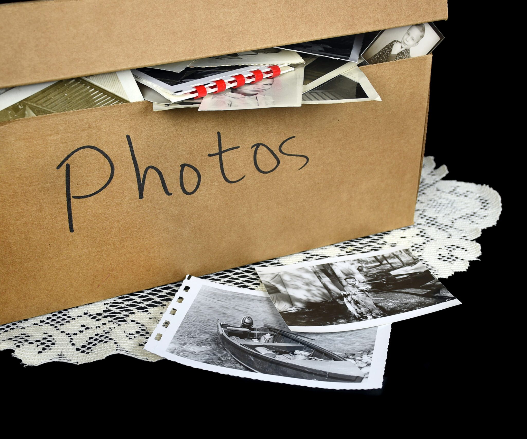 Vintage,Family,Photos,In,Generic,Brown,Cardboard,Box,On,Lace